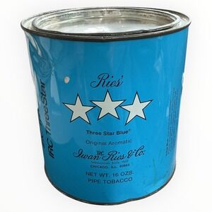 Vintage Iwan Ries Three Star Blue Pipe Tobacco Tin 16 oz Chicago Collectible Can